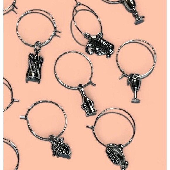 Silver Wine Themed Pendant Stemware Drink Charms Markers Set of 6 Assorted - Picture 2 of 6
